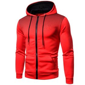 Men's polka dot zipper hoodie sweater Autumn and winter plush warm hoodie hoodie sweatshirt (Color: Red)