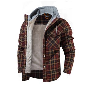 Men Warm Jacket Fleece Lining Lumberjack Plaid Hooded Jackets Snap Button (Color: Coffee)