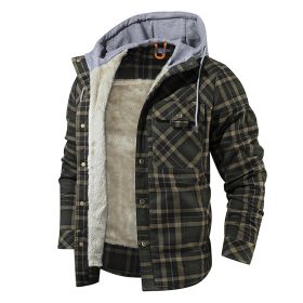 Men Warm Jacket Fleece Lining Lumberjack Plaid Hooded Jackets Snap Button (Color: Green)